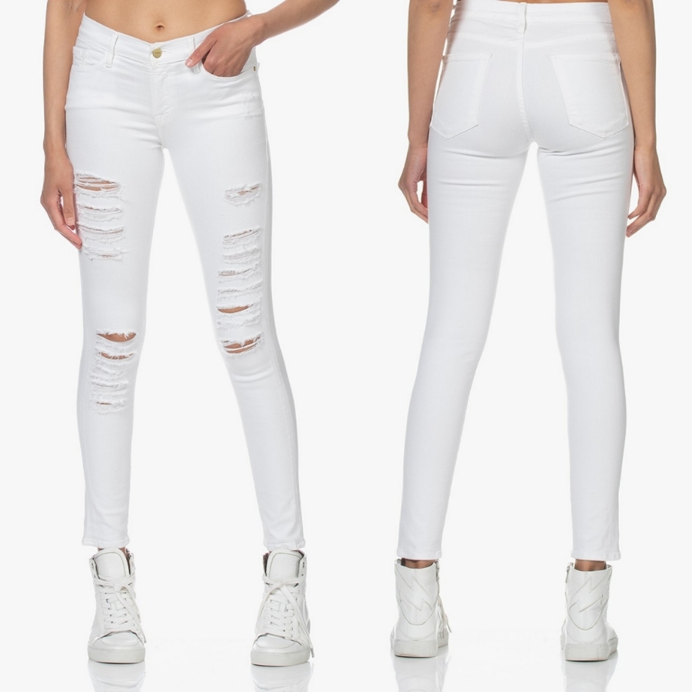 FRAME Le Skinny de Jeanne White Distressed Ripped Jeans